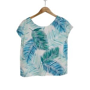 Tahari Blue Green Palm Leaf Print Linen Boxy Short Sleeve Button Back Blouse M